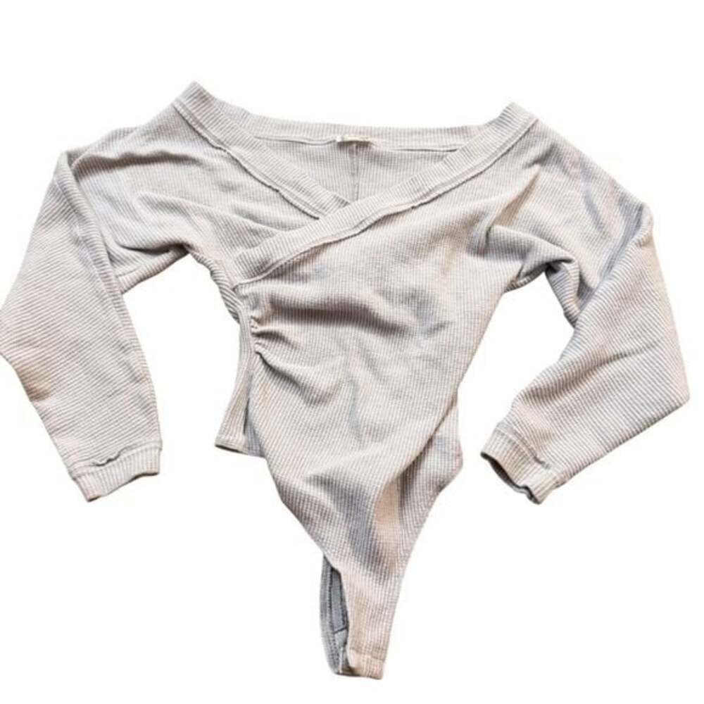 Intimately Free People Thermal Waffle Knit Wrap Bodysuit Gray Long Sleeve V-Neck